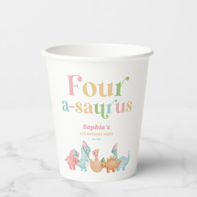 Four A-Saurus Dinosaur 4th Fourth Birthday Party Paper Cups (Front)