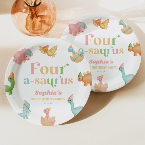 Four A_Saurus Dinosaur 4th Fourth Birthday Party Paper Plates