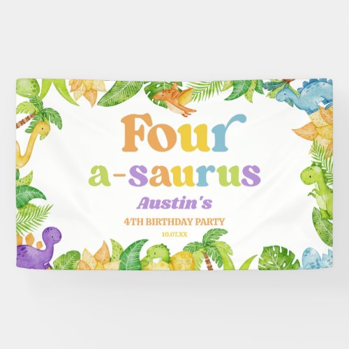 Four A_Saurus Dinosaur Fourth 4th Birthday Party Banner
