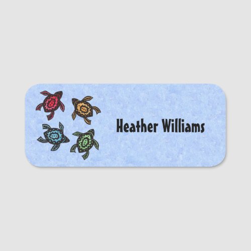 Four Abstract Black Turtles Colored shells Blue Name Tag