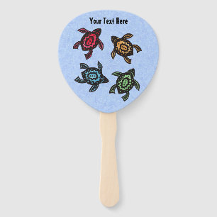 Four Abstract Black Turtles Colorful Shells Blue Hand Fan
