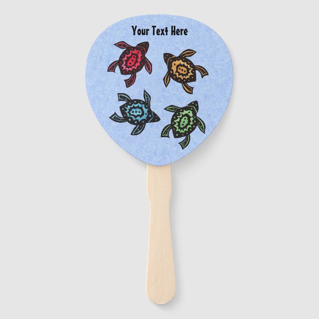 Four Abstract Black Turtles Colorful Shells Blue Hand Fan (Front)