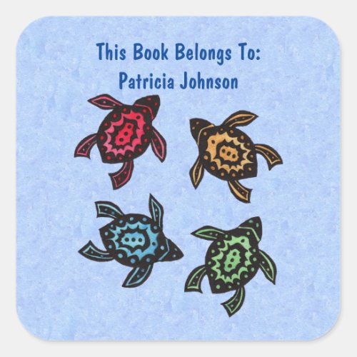 Four Abstract Turtles Multiple Colored Shells Blue Square Sticker