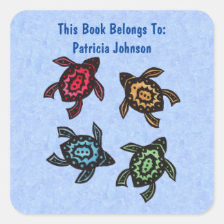 Four Abstract Turtles Multiple Colored Shells Blue Square Sticker