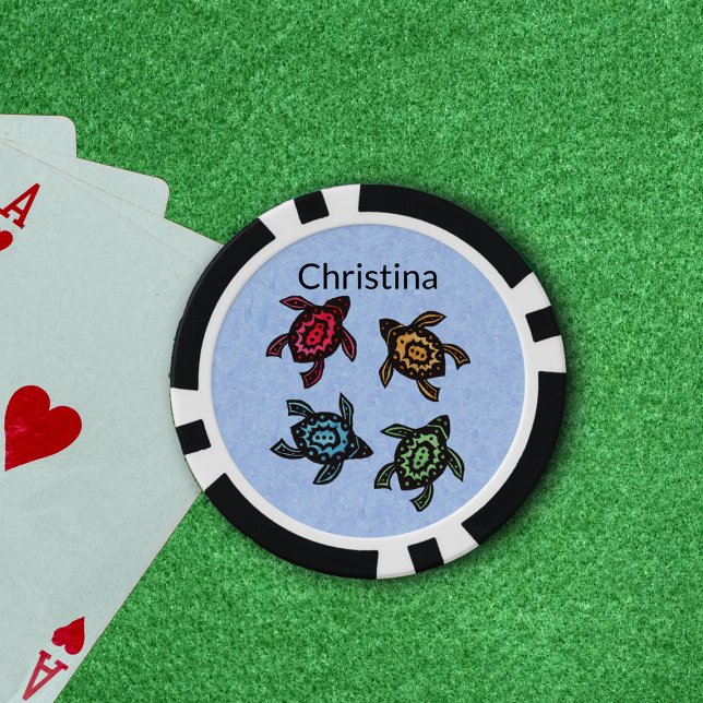 Four Abstract Turtles with Colourful Shells Blue Poker Chips (Four brightly coloured abstract black turtles on patterned light blue poker chips.)