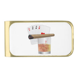 Four Aces, A Drink and A Cigar Gold Finish Money Clip