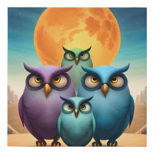 Four Adorable Owls Greet the Evening Sky Faux Canvas Print