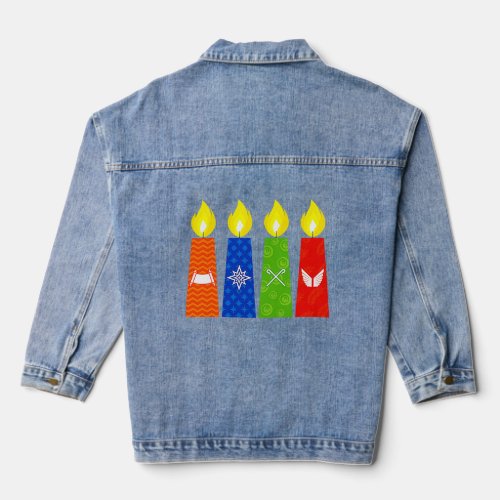 Four Advent candles lit in anticipation of the bir Denim Jacket