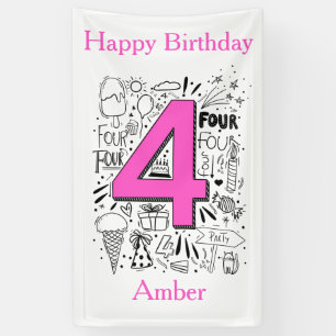 Four age 4th Pink birthday Banner