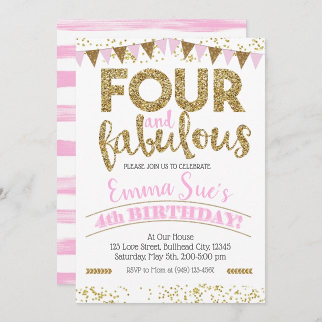Four and Fabulous Girls Pink & Gold 4th Birthday Invitation (Front/Back)