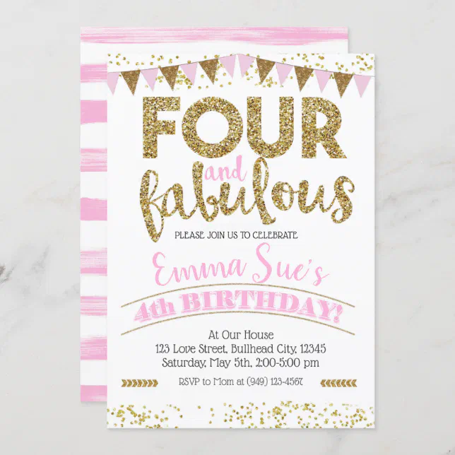 Four and Fabulous Girls Pink & Gold 4th Birthday Invitation | Zazzle