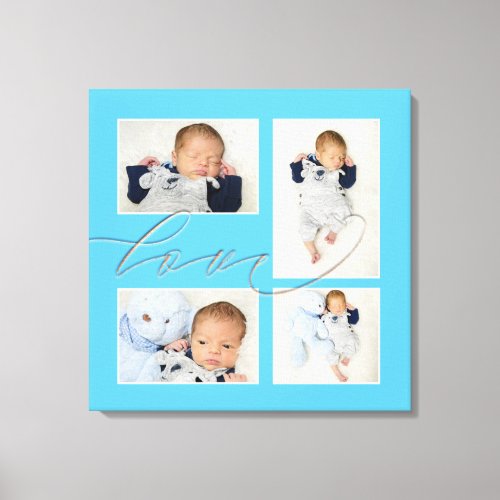 Four Baby Boy Photos Collage Love Script Blue Canvas Print