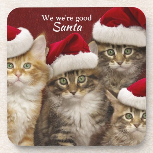 Four Baby Kittens Santa Hats Big Blue Eyes Beverage Coaster