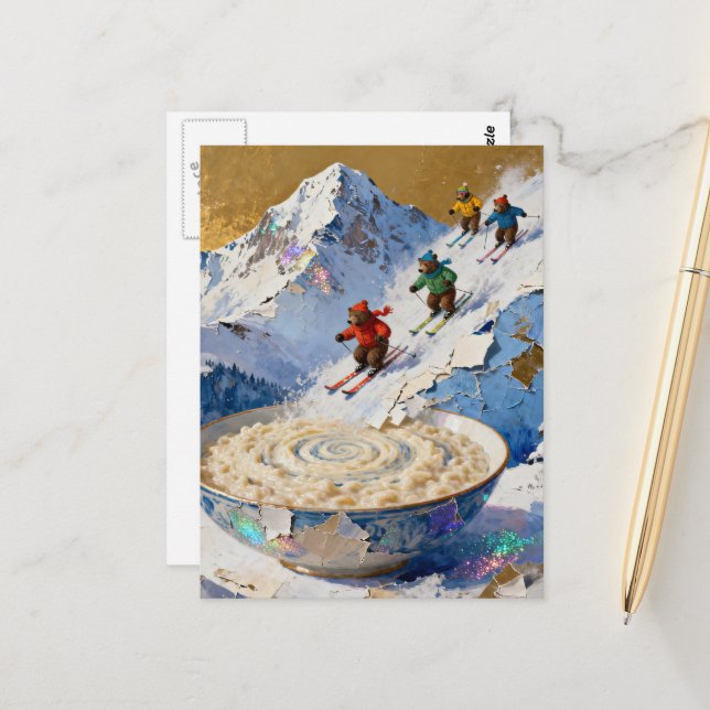 four bears ski down mountain to bowl of porridge  postcard (Front/Back In Situ)
