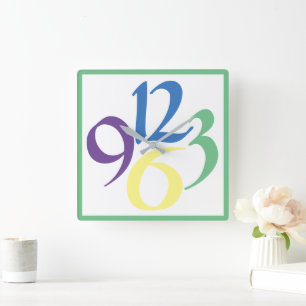 Four big bold and funky numbers, green surround square wall clock