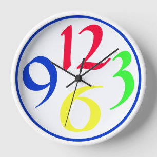Four big coloured numbers, blue border clock