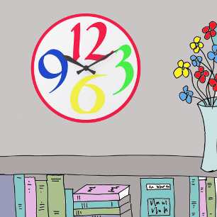 Four big coloured numbers, red border large clock