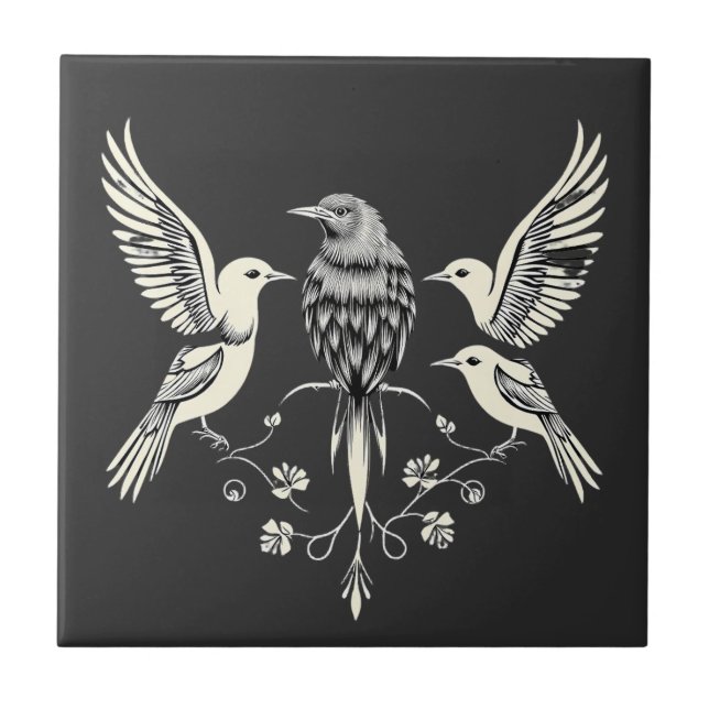 Four Birds on a Branch Illustration Ceramic Tile (Front)