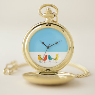 Four Birds Perched on a Twig Pocket Watch