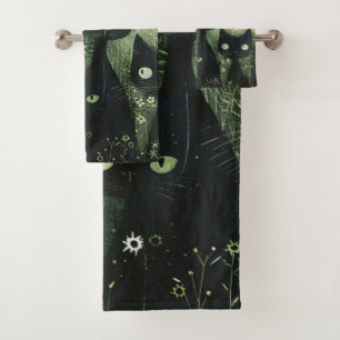 Four Black Cats with Daisies on Mixed Gray  Bath Towel Set