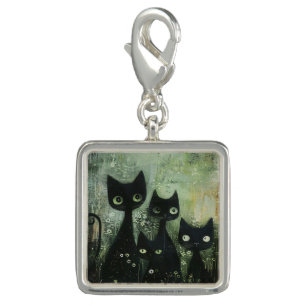 Four Black Cats with Daisies on Mixed Gray Charm