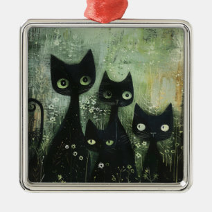 Four Black Cats with Daisies on Mixed Gray Metal Ornament