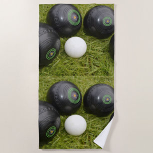 Four Black Lawn Bowls And Jack, Beach Towel