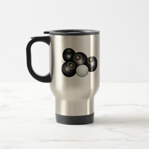 Four Black Lawn Bowls And Kitty Travel Mug