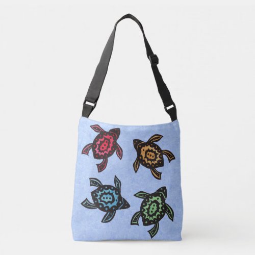 Four Black Turtles Abstract Colored Shells on Blue Crossbody Bag