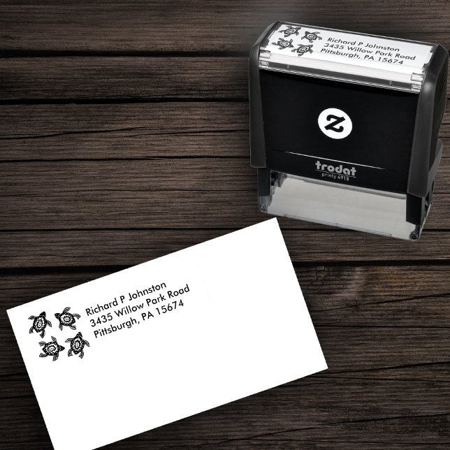 Four Black Turtles Abstract Markings on Shells Self-inking Stamp (Group four abstract turtles on self inking return address stamp.)