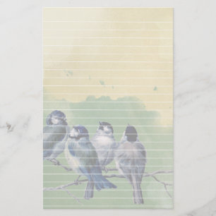Four Blue Birds Watercolor Background and Lines Stationery