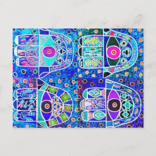 Four Blue Hamsa Vintage Tapastry Judaica Postcard