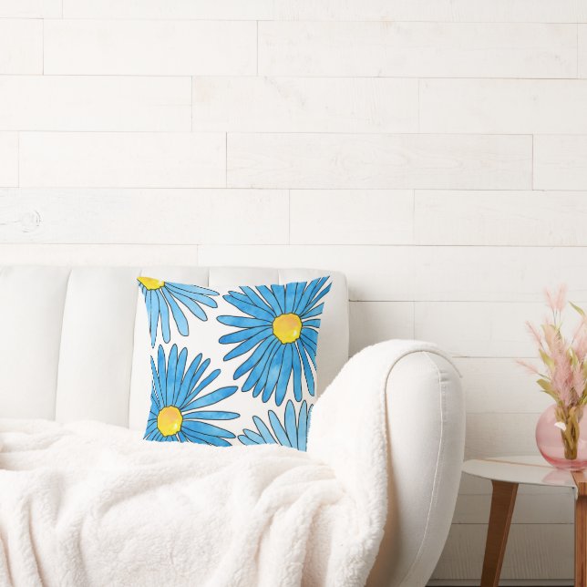Four Blue Pen and Watercolor Aster Flowers Throw Pillow (Couch)