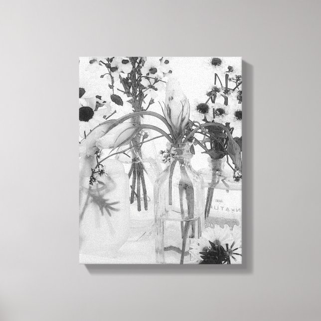 Four Bottles And White Flowers Canvas Print (Front)