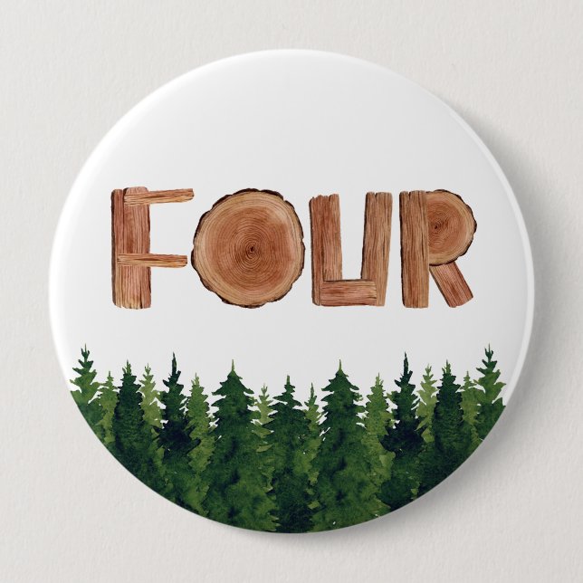 Four Boy 4th Birthday Green Trees Button (Front)