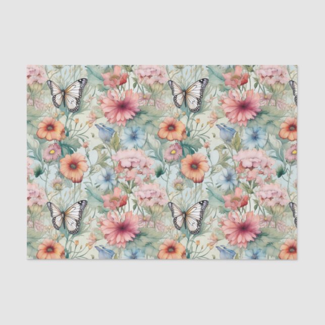 Four Butterflies on Floral Pattern Decoupage Tissue Paper (Front)