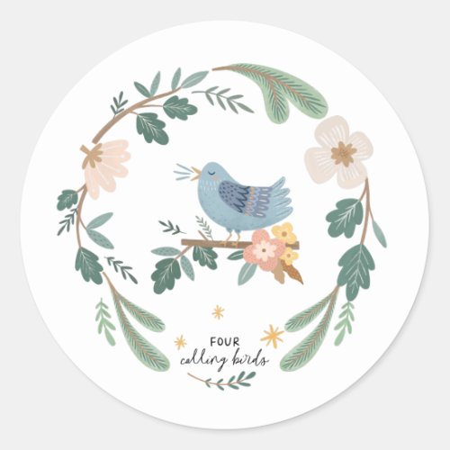 Four Calling Birds 12 Days of Christmas Folk Classic Round Sticker