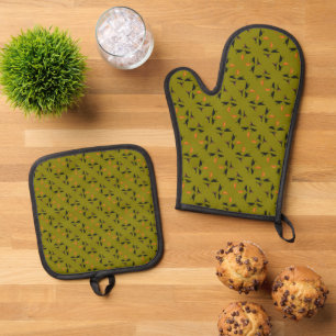 Four Calling Birds Retro Mid-Century Cut-Out 2 Oven Mitt & Pot Holder Set