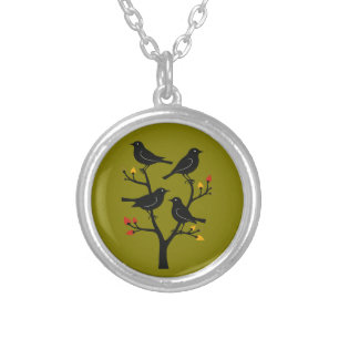 Four Calling Birds Retro Mid-Century Cut-Out 7 Silver Plated Necklace
