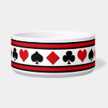 Four card suits bowl<br><div class="desc">Set of card suit icons isolated on black,  red and white striped background</div>