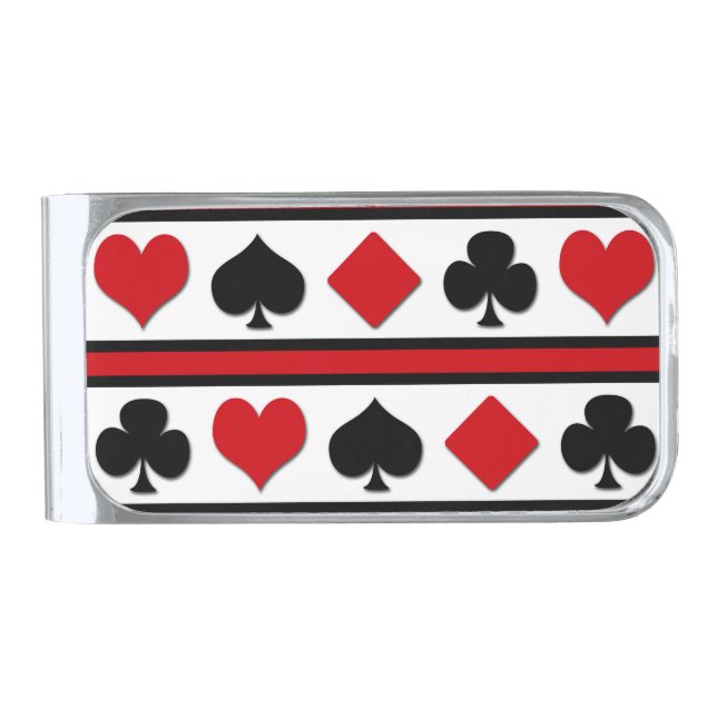 Four card suits silver finish money clip (Front)