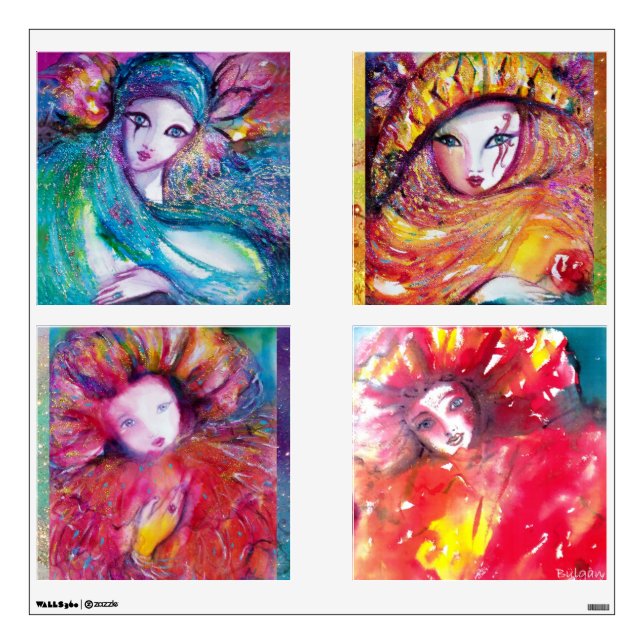 FOUR CARNIVAL MASKS IN BLUE ,RED ,YELLOW WALL DECAL (Front)