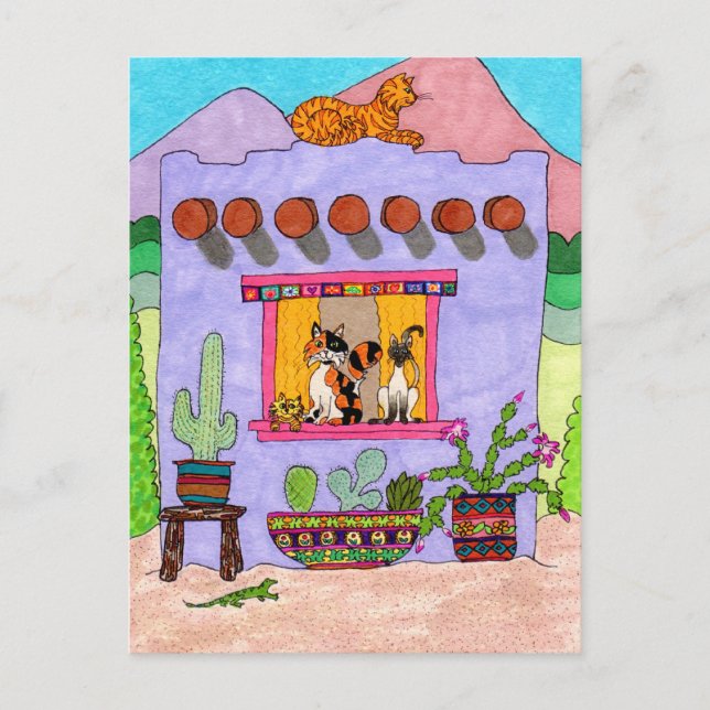 Four Cats at a Purple Adobe House Postcard (Front)