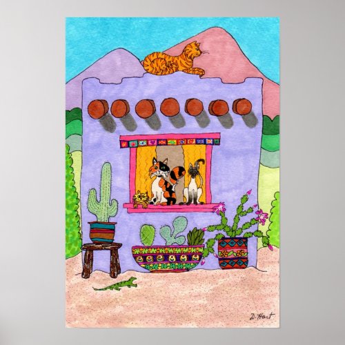 Four Cats at a Purple Adobe House Poster