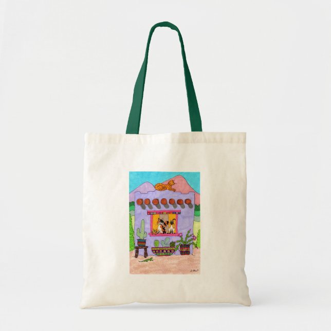 Four Cats at a Purple Adobe House Tote Bag (Front)