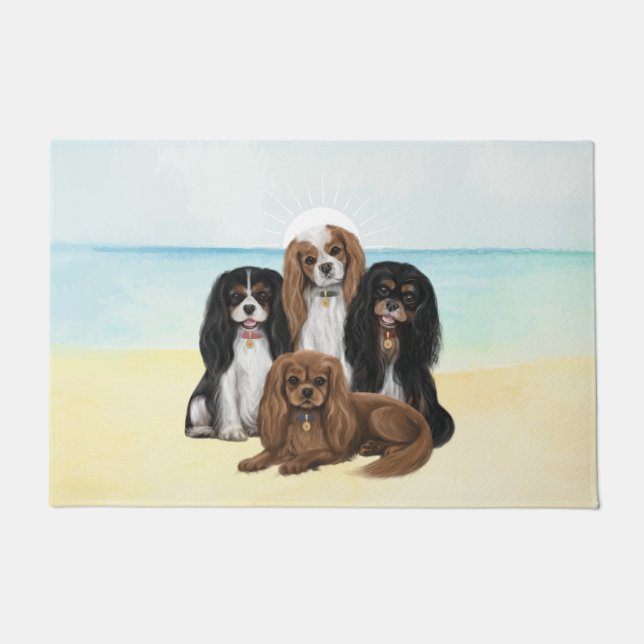 Four Cavalier King Charles Spaniels at the Beach Doormat (Front)