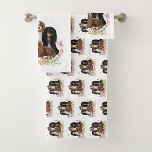 Four Cavalier King Charles Spaniels in Flowers     Bath Towel Set