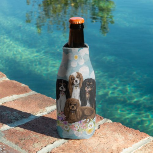 Four Cavalier King Charles Spaniels in Flowers     Bottle Cooler