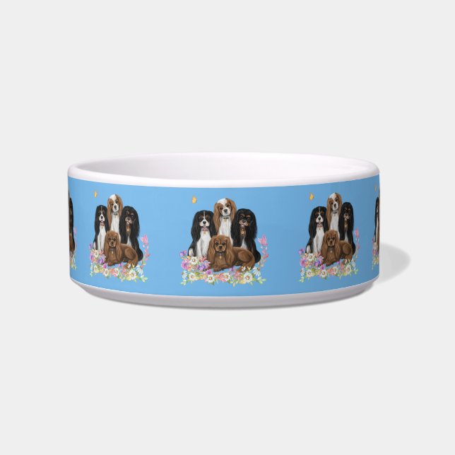 Four Cavalier King Charles Spaniels in Flowers    Bowl (Front)