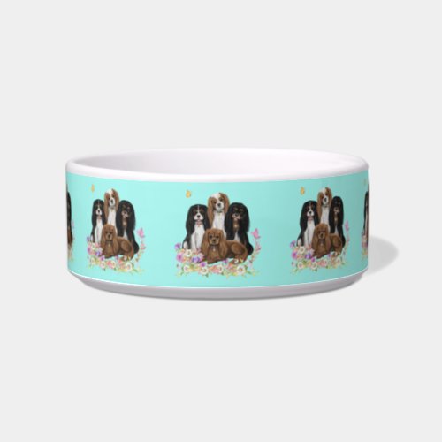 Four Cavalier King Charles Spaniels in Flowers    Bowl
